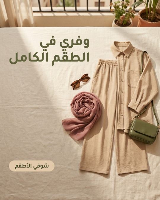 إعلان طقم ملابس محجبات كامل باللون الزيتي